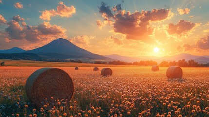 Wall Mural - Sunset Hay Bales Mountain Meadow Landscape