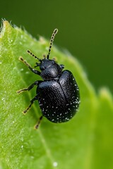 Poster - Close-up view of a shiny black beetle resting on a green leaf highlighting intricate details : Generative AI