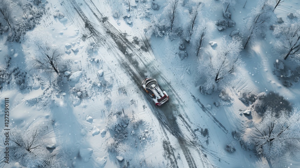 A stunning aerial view capturing cars navigating a snowy rally stage ...