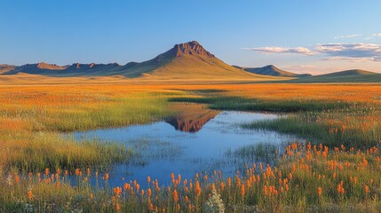 Wall Mural - Sunset reflection, mountain, wildflowers, prairie, serenity, travel poster