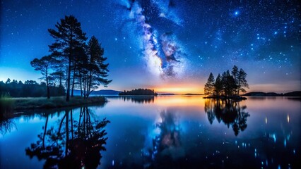 Wall Mural - Serene Night Lagoon: Long Exposure Starry Sky Reflection