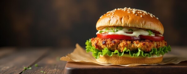 Wall Mural - Crispy chicken burger with vibrant toppings on wooden board , patty, unhealthy