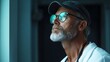 © Hoolity - A thoughtful older man with glasses and a cap gazes upwards, reflecting a moment of contemplation in a softly lit environment.
