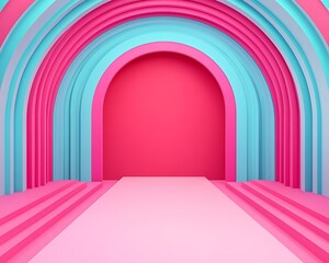 Wall Mural - Pink & Blue Arches Hallway Empty walkway, pastel decor, modern architecture. Usable for promotion