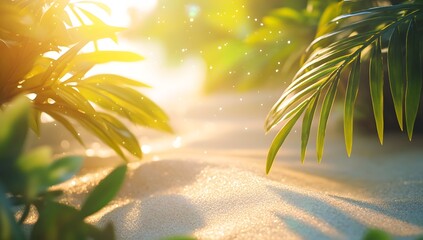 Wall Mural - Tropical Sunset Sand Oasis with Sunlight and Water Spray