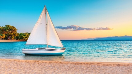  Serene sailboat anchored on a tranquil beach at sunset with vibrant sky hues