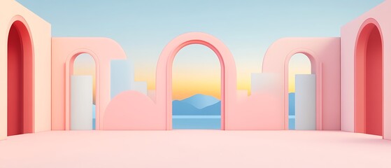 Sticker - Pastel arches frame mountain view. Mockup. Backdrop for product display or social media promotion