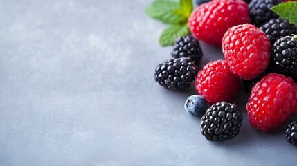 Poster - Colorful Fresh Raspberries and Blackberries on a Light Gray Background : Generative AI