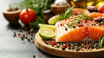 Aufkleber - Fresh Salmon Fillet Served with Herbs and Spices for Healthy Culinary Delight : Generative AI