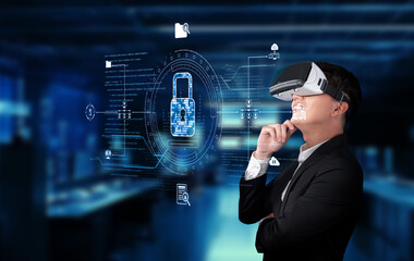 Wall Mural - A professional man wearing a virtual reality headset reflects on cyber security and data privacy concepts in a modern business setting, symbolizing innovation. XDMCP