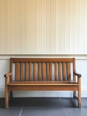 Poster - Classic wooden bench against a minimalist wall with elegant paneling and clean lines : Generative AI