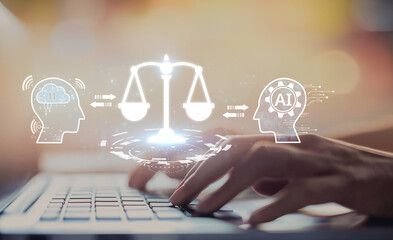 Wall Mural - This image depicts a hand typing on a laptop with visual representations of AI, law, and ethics, highlighting the crucial intersection of digital technology and legal governance. XDMCP