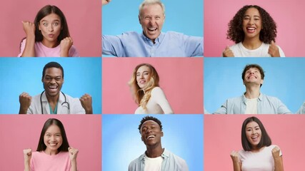 Poster - A collage of adults and children expressing happiness and triumph. Each person shows excitement through cheerful gestures, highlighting emotions of victory and togetherness in a vibrant setting.