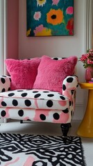 Poster - This inviting space features a white sofa adorned with large yellow polka dots, complemented by plush pink cushions