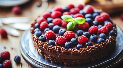 Poster - Delicious Chocolate Cake Topped with Fresh Berries and Mint Leaf at a Rustic Table Setting : Generative AI