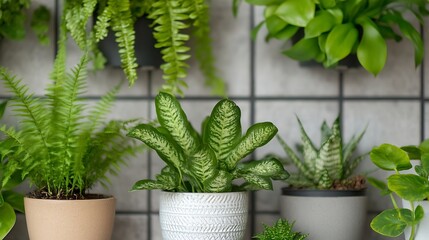 Leinwandbilder - Lush green plants in decorative pots creating a serene indoor garden : Generative AI