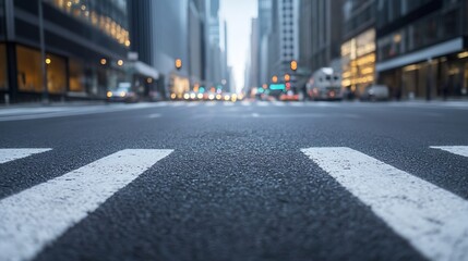 Aufkleber - Urban City Street at Dusk with Blurred Lights and Crosswalk Stripes in Focus : Generative AI