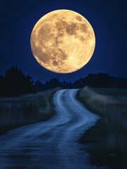 Poster - Breathtaking Supermoon Over Serene Country Road Surrounded by Nature : Generative AI