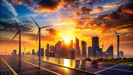 Poster - Silhouette of futuristic renewable energy city skyline at sunset, urban landscape, digital art