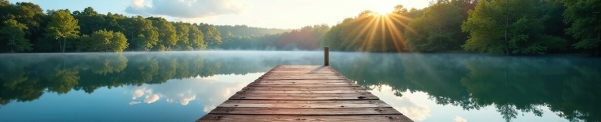 Wall Mural - Wooden pier with reflected trees and sky in the distance, calm, tranquil, forest