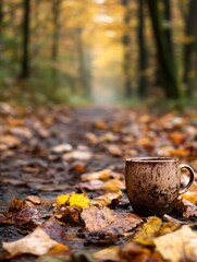 Poster - Cozy Mug on Autumn Leaves Amidst Scenic Forest Pathway Surrounded by Vibrant Fall Foliage : Generative AI