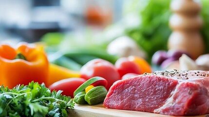 Poster - Fresh raw meat surrounded by colorful vegetables on wooden chopping board : Generative AI