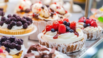 Aufkleber - Delicious assorted berry desserts showcasing vibrant colors and whipped cream toppings : Generative AI