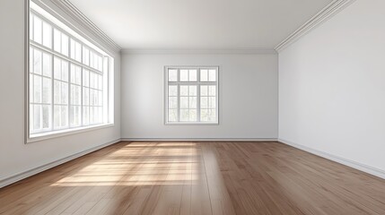 Poster - Empty bright room with large windows and wooden floor waiting for decoration : Generative AI