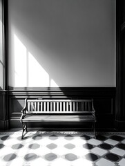 Poster - Stunning Black and White Image of an Empty Bench Lit by Sunlight in an Elegant Interior Space : Generative AI