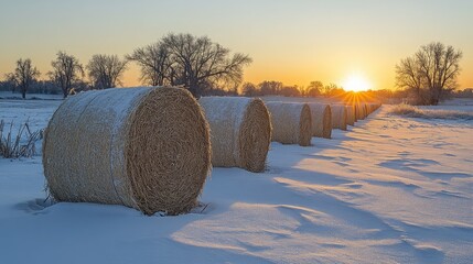 Wall Mural - Winter sunrise over snowy field with hay bales