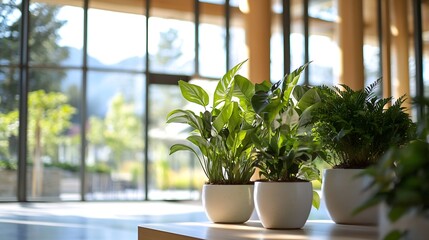 Poster - Indoor plants arranged in stylish pots creating a calming atmosphere in a modern commercial space : Generative AI