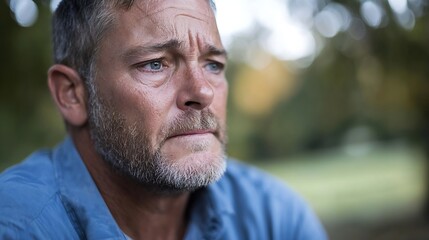 Aufkleber - Thoughtful Mature Man Lost in Contemplation with a Soft Focus Background in Nature : Generative AI