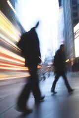 Aufkleber - Motion Blurred Figures Walking in a Busy Urban Street with Vibrant Lights at Dusk : Generative AI