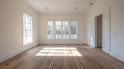 Aufkleber - Bright and airy empty room featuring large windows and warm hardwood floors bathed in sunlight : Generative AI