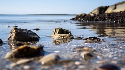 Poster - Tranquil Seascape Featuring Rocks on a Shoreline Beneath a Clear Sky : Generative AI