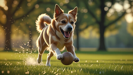 anjing energik bermain bola di taman saat golden hour – fotografi hewan peliharaan yang realistis da