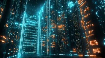 Poster - Futuristic Cityscape at Night with Glowing Lights and Reflections, Cyberpunk Scene, Technological Marvel, Digital Grid