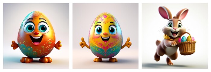 Poster - Cute Easter illustration featuring decorated eggs with faces and a bunny carrying a basket full of colorful eggs, all set against a bright background.