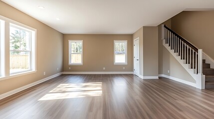 Poster - Spacious and Modern Interior of an Empty Living Room with Natural Light Streaming Through Windows : Generative AI