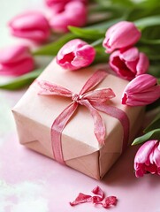 Aufkleber - Beautiful Gift Box Surrounded by Pink Tulips on a Soft Background for Celebrations : Generative AI