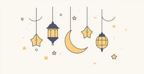 Poster - Islamic lanterns, moon, and stars hanging, celebratory background