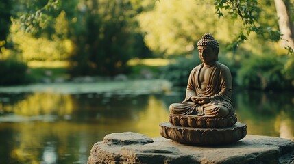Poster - Serene Buddha statue positioned by a tranquil pond surrounded by lush greenery and soft light : Generative AI