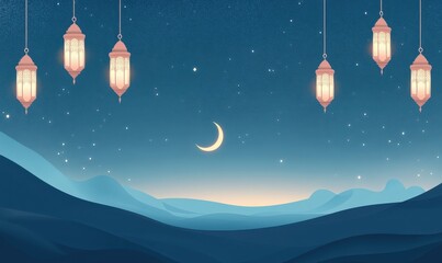 Poster - Ramadan lanterns hanging at night over desert mountains