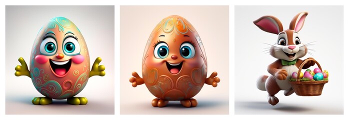 Poster - Three panels of Easter themed images show two cartoonish eggs with faces and limbs, and a happy bunny holding a basket of colorful eggs.