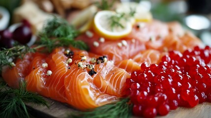 Aufkleber - Fresh salmon fillet garnished with herbs and lemon slices served on a wooden platter for a gourmet seafood feast : Generative AI