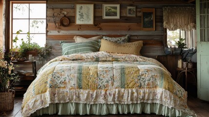 Poster - Quilt cover featuring charming stripes and floral patterns creates a warm, inviting atmosphere in a rustic bedroom. Natural light filters gently through the window, enhancing the cozy decor