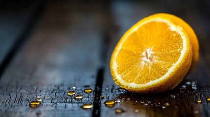 Poster - Juicy Halved Orange with Water Drops on Dark Wooden Surface for Refreshing Drink Visuals : Generative AI
