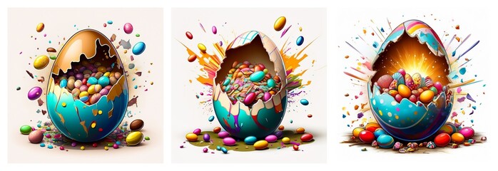 Poster - Festive cracked Easter eggs burst with colorful candies, confetti, and light, creating a joyful and celebratory scene.