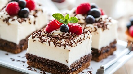 Poster - Delicious chocolate raspberry cake with cream frosting and fresh berries on top : Generative AI