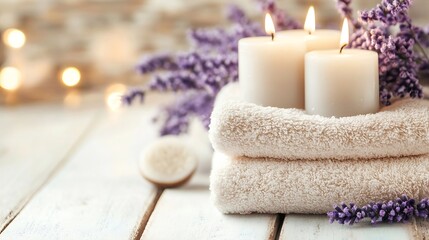 Aufkleber - Soothing Lavender Candles and Towels for a Relaxing Spa Experience : Generative AI